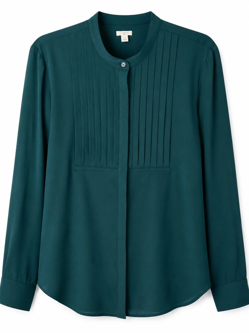 J.Crew Pintuck Blouse XL Dark Teal Hidden Button Long Sleeve Career Top